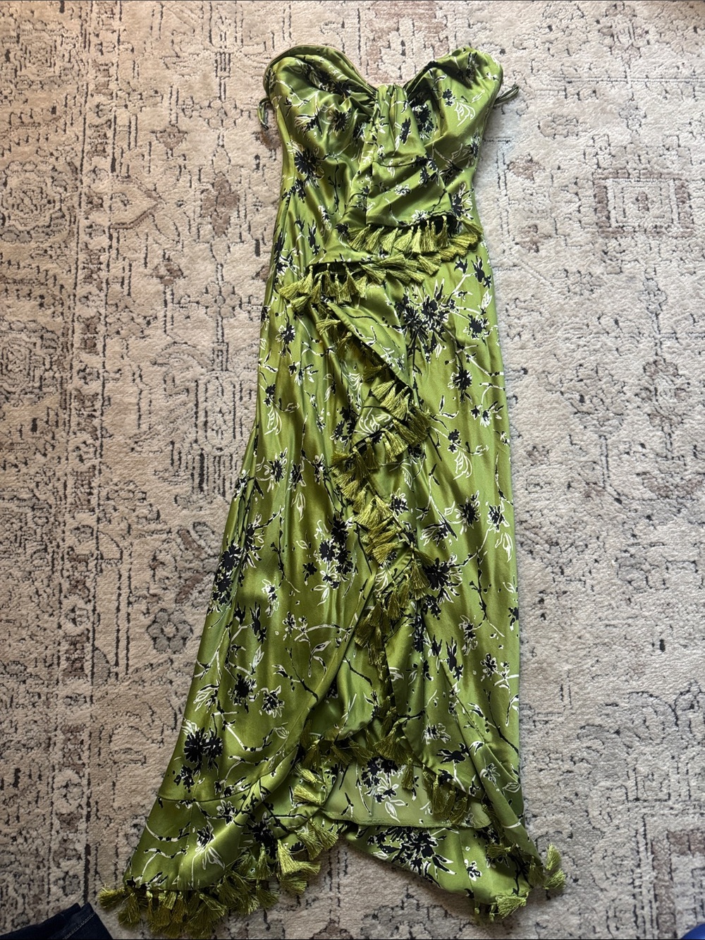 cinq a sept Lime Green Floral Strapless Ruffle Maxi Dress